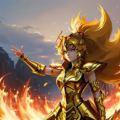 (masterpiece), (best quality), (1girl), girl in golden armor, cool pose, battle field background, fire background, saint seiya armor, messy hair