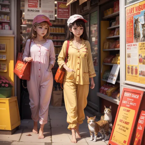 shops,Cats,Mustard,ketchup,A girl with,market,posters,Pajamas