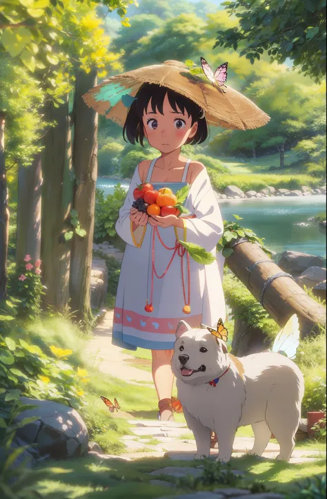 Ghibli colors, Cinematic lighting effects, Scene of country children playing by the river，There are fruits and vegetables，There are puppies，There are butterflies，Super healing，in style of hayao miyazaki，（Sunshine 1.1）closeup cleavage，tmasterpiece，Super lig...