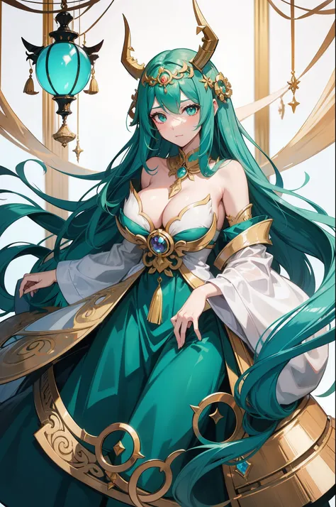 a cartoon drawing of a woman with long hair and a horned headdress, concept art inspired by Lü Ji, pixiv, hurufiyya, shirabii, palutena, the greek goddess aphrotite, long haired humanoid fursona, portrait knights of zodiac girl, anime girl with teal hair, ...