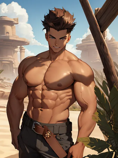 (1 youngman, ripped muscles, shirtless, topless, huge)), beardless, dark brown hair, short hair in a square quiff style with no sideburns, masculine, attractive, handsome (detailed face, perfect face) ((extremely realistic shadows, masterpiece of art, extr...