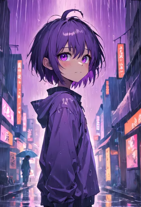 rainy days,Dim Room,Faint lighting,A boy is smiling,bob hair cut,Purple colored hair，Purple pupils，knife，bleed