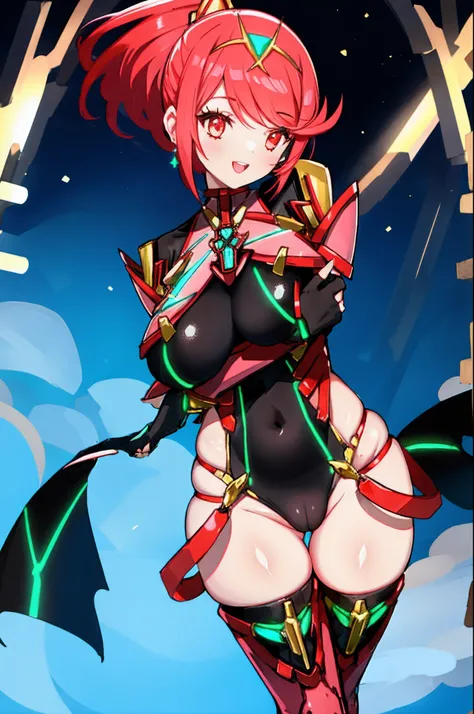 pyra (xenoblade), teen_1girl, loli, bangs, black gloves, breasts, red eyes, light_open_mouth, earrings, eyelashes, fingerless gloves, floating hair, , gem, gloves, hair ornament, headpiece, jewelry, big_breasts, leaning back, swimsuit, neon trim, official ...