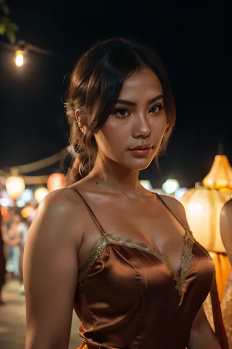 Create a hyper-detailed, photorealistic image of a curvy Russian woman in a short, silk dress during the Chiang Mai Lantern Festival. Use film grain and the soft light from the lanterns to create intricate shadows. Close-ups should focus on her glowing fac...