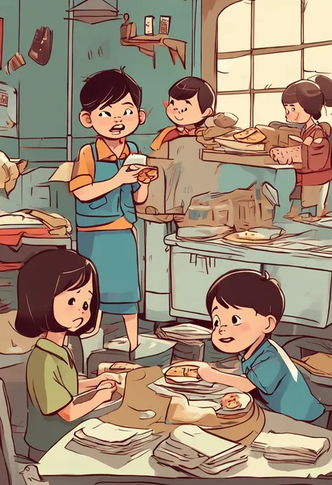 Highest precision Home scene Children in school uniforms with slices of bread stuffed in their mouths Mom and Dad in a hurry to get dressed Ready to go out Asian Cartoon style Pixar style