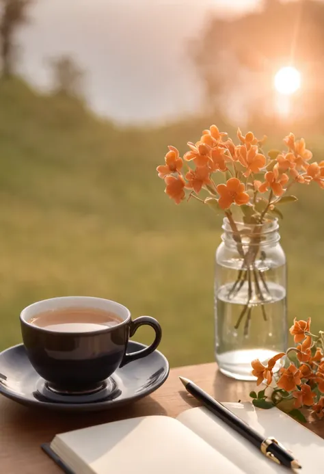 An image of an open gratitude journal with a pencil resting on it, surrounded by small flowers, a cup of tea or coffee, and a soft sunset in the background. This image evokes the idea of taking a quiet moment to reflect and appreciate the little things in ...