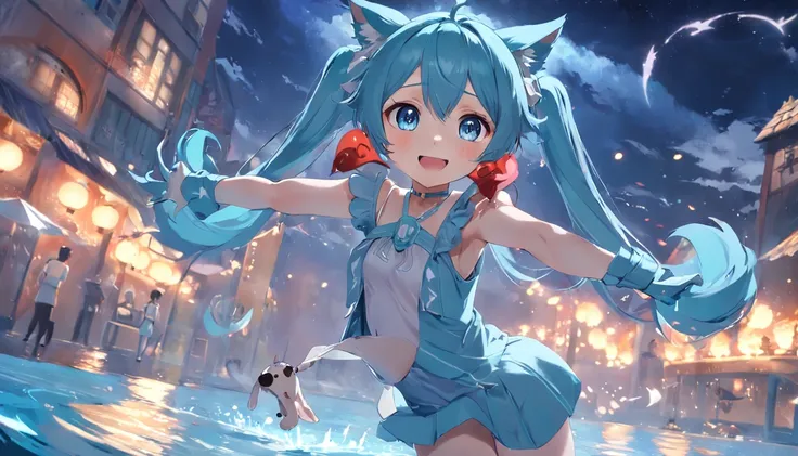 1 loli，redheadwear，blue color eyes，Water magic，Fire magic，Under the night sky，ssmile，hands out，Inviting，Hooters，Kittens，o cachorrinho，Around the girl，having fun，The feeling of dancing，The style of painting is similar to Hatsune Miku，Big breasts Hatsune Mik...