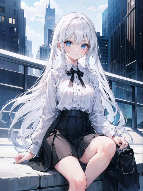 1girl, long white hair, blue eyes, black skirt, looking at viewer, ultrasharp, 8k, masterpiece, absurbres, wearing plain white shirt, city, sitting, smiling