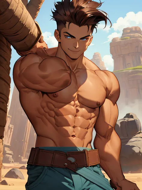 (1 youngman, ripped muscles, shirtless, topless, huge)), beardless, dark brown hair, short hair in a square quiff style with no sideburns, masculine, attractive, handsome (detailed face, perfect face) ((extremely realistic shadows, masterpiece of art, extr...