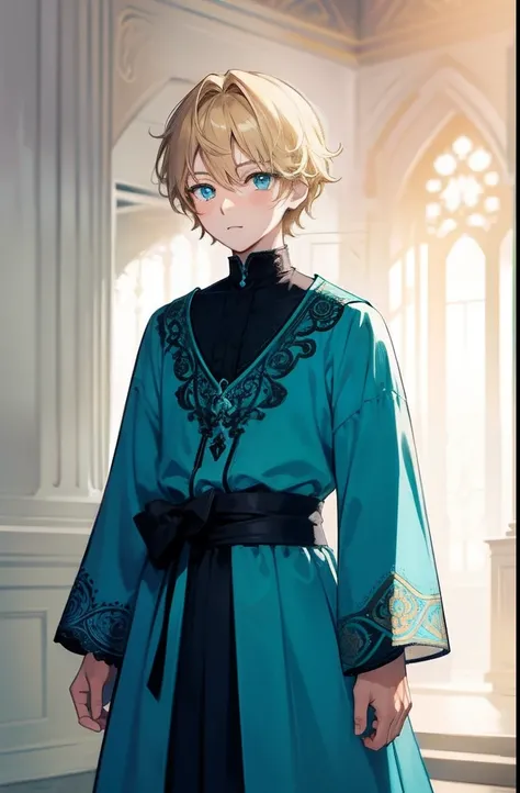 Character standing drawing，17-year-old boy，light-blonde hair，cyan pupils，ornate gown，forest backgrou，Complicated details