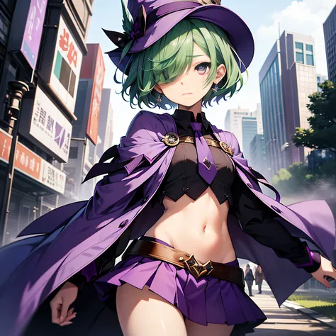 top-quality、extremely delicate and beautiful、(A teenage girl)、Purple Eye、Green hair、short-haired、(Purple pointy hat)、Purple tie、Soio、shortsleeves、Purple skirt、Purple Wizard Robe、Navel、is standing、（(Only one eye)）、（(Cuts on the face))