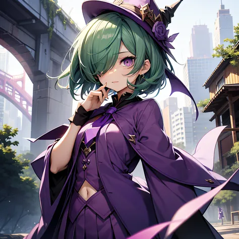 top-quality、extremely delicate and beautiful、(A teenage girl)、Purple Eye、Green hair、short-haired、(Purple pointy hat)、Purple tie、Soio、shortsleeves、Purple skirt、Purple Wizard Robe、Navel、is standing、（(Only one eye)）、（(Cuts on the face))