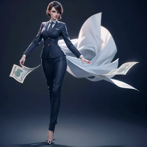 Full body view of a sophisticated banker Lady in a stylish suit, confidently striding and throwing money, High-definition with 8k rendering and a transparent background,