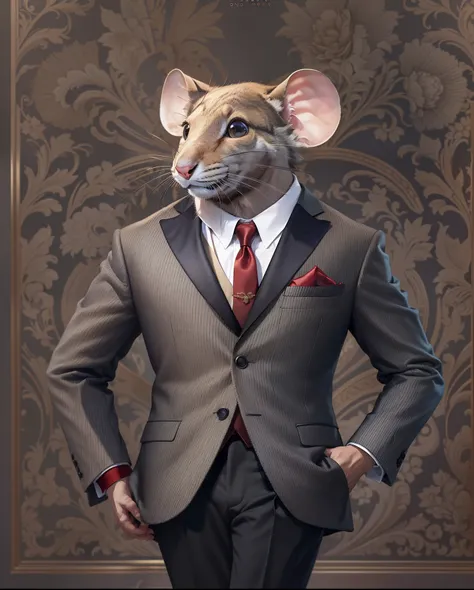 Design a captivating magazine cover showcasing a single mouse dressed impeccably in a custom-tailored suit, emphasizing the minute details of the outfits quality and style, set against a classic, luxurious backdrop, an atmosphere of elegance and refinement...