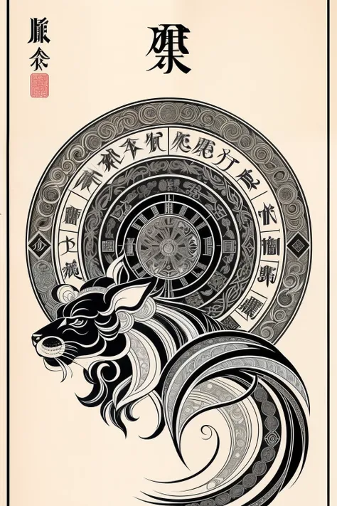 line drawing, twelve chinese zodiac signs, Gothic art, high detail, Art Deco, from side, high quality --auto