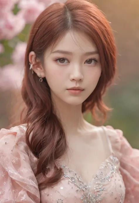 An 18-year-old Chinese girl，Starry eyes，Short reddish-brown hair，Pink translucent dress