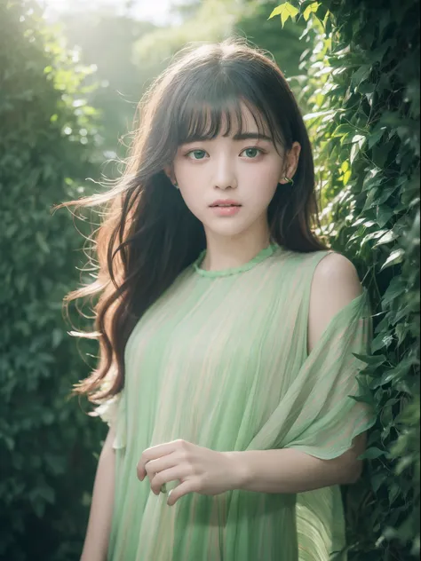 the Extremely Detailed CG Unity 8K Wallpapers、top-quality、ultra-detailliert、​masterpiece、studio shoot、Upper body portrait、close up of face、(Green and pale green multicolor chiffon lashing dress:1.4), realisitic、Behind the photo、realisitic、Photo Real、extrem...