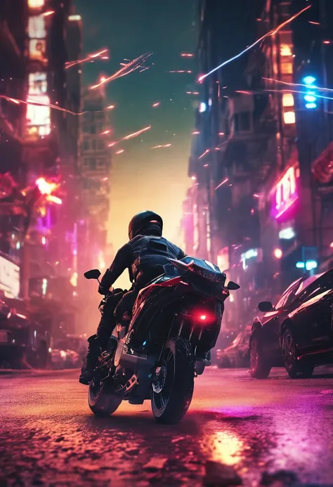 a motorcyclist walking away from the invasion of an alien ship emitted by a laser, Incredible explosions in the streets of the city, Volumetric lighting