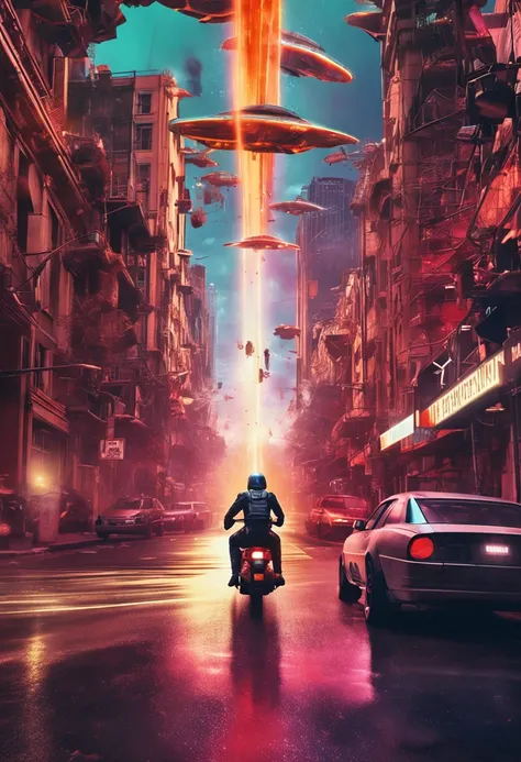 a motorcyclist walking away from the invasion of an alien ship emitted by a laser, Incredible explosions in the streets of the city, Volumetric lighting