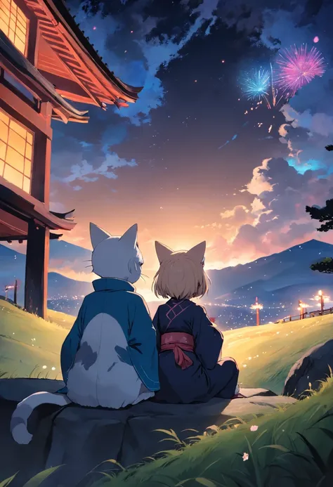 cat girl and bunny boy sitting on a hill, looking into the nightsky, wearing kimonos, feuerwerk am himmel