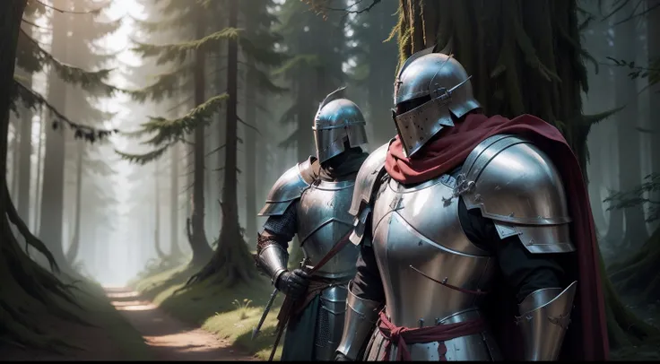 defeated knight, armored, arrows in back, dense forest