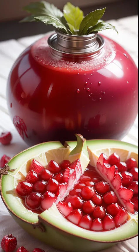 A fresh one, Juicy pomegranate with ice and leaves, Place next to a cute Dr. Pepper jar. Use bright colors to create an enticing and pleasing image.