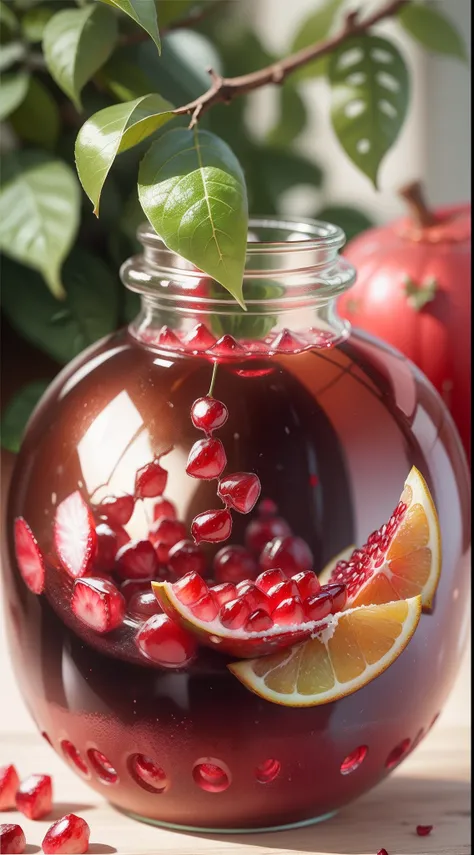 A fresh one, Juicy pomegranate with ice and leaves, Place next to a cute Dr. Pepper jar. Use bright colors to create an enticing and pleasing image.