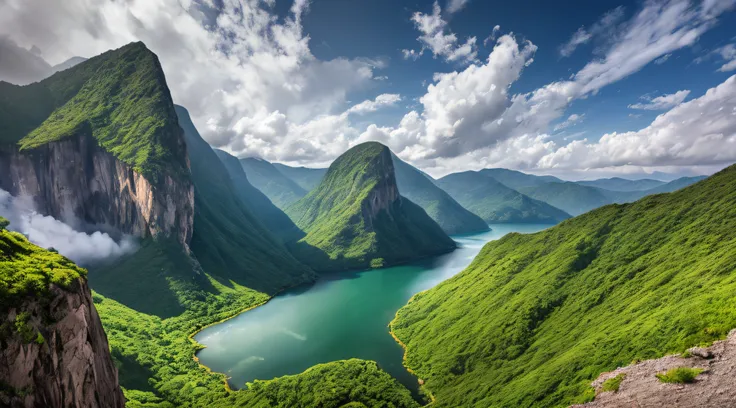 Masterpiece, ultimate quality, Cg unity 8k wallpaper, super delicate, beautiful sky and clouds, rich natural scenery, cliffs, lakes and rivers, waterfalls and flying water, beautiful green mountains, no trace of people, excellent scenery, has already won a...