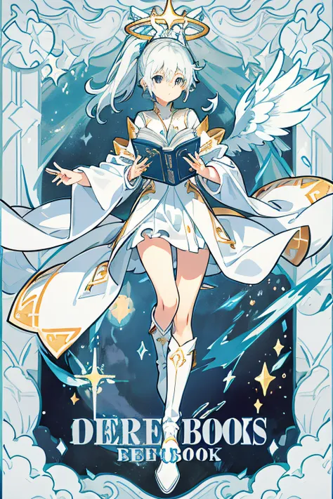 (Lift one of your floating magic books with your left hand（）)),Water magic,(((Magic Array)))1girl, solo, illustration, masterpiece, best quality, detailed background, looking up, star (sky), full body, grass, white robe, galaxy, angel wings, halo, white bo...