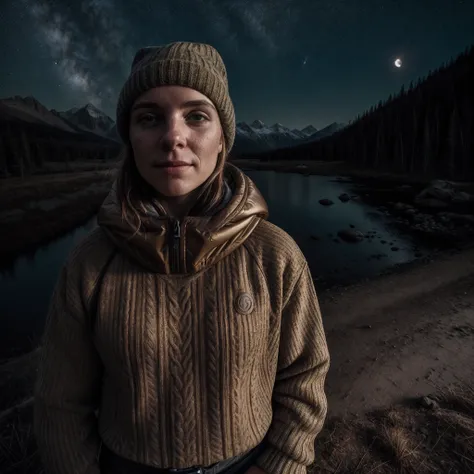 1 woman((upper body selfie, happy)), masterpiece, best quality, ultra-detailed, solo, outdoors, (night), mountains, nature, (stars, moon) cheerful, happy, backpack, sleeping bag, camping stove, water bottle, mountain boots, gloves, sweater, hat, flashlight...