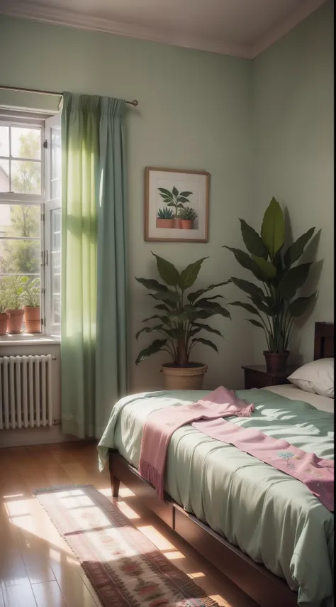 Embroidery art, Pastel,  Comfortable bedroom, a plant