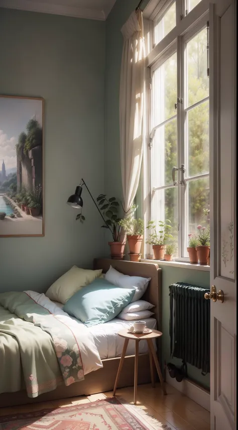 Embroidery art, Pastel,  Comfortable bedroom, a plant