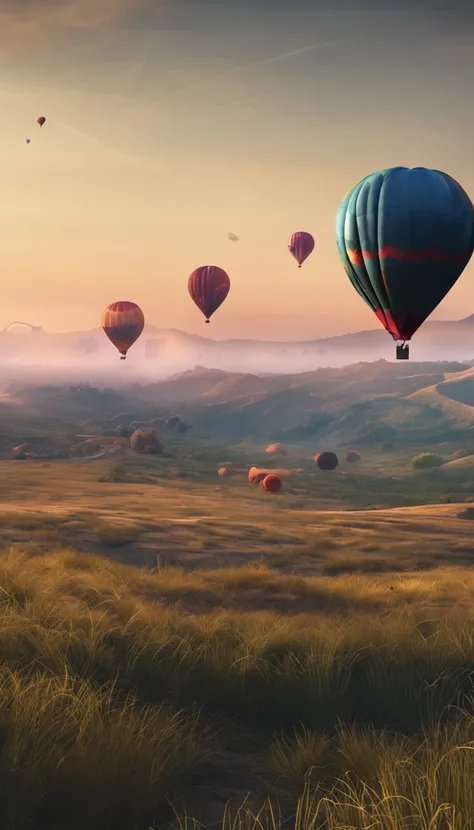 As estrelas，the night，Kong Mingding，hot air balloon，A high resolution，grassy fields，A group of people