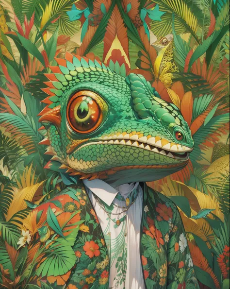 Create an attention-grabbing magazine cover featuring an unexpected animal, a stylish chameleon, dressed in a trendy outfit that seamlessly blends with its surroundings, set against a vibrant, kaleidoscopic background, an atmosphere of camouflage and flair...