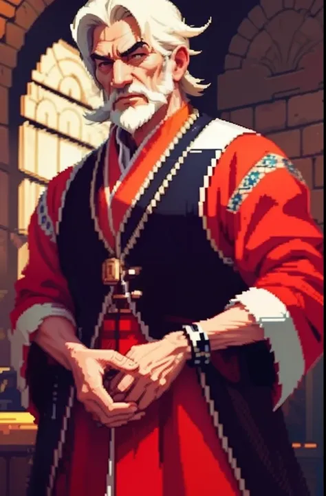 Older men,独奏,Simple solid color background,Stand up,Bust,baron,52 years old,blond hairbl、Touristy、Old,Red and black satin dress；,(巨作,Top quality,Best quality,pix,Pixel art)