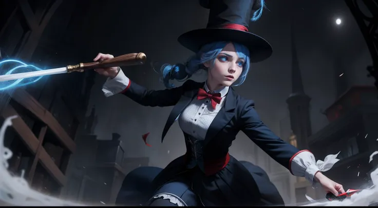 magician pulls rabbit out of hat in show night, blue hair color, red eye color, clone girl of her in back, wand in hand, white-black-red magician clothes