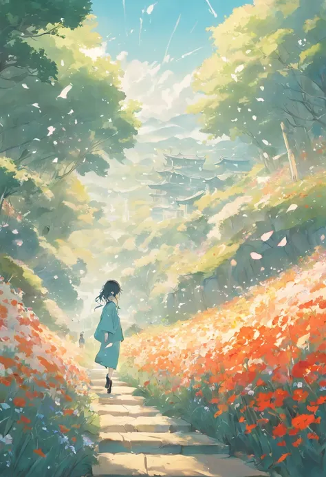 "and Izumi yarn fog"High quality CG drawings,Meticulous depiction,Extremely beautiful bloom, It emphasizes the softness and agility of the spring mist,A fairyland-like scene, Elegant scenery,Japanese illustration style,light breeze,Flowers fall,Clear creek...