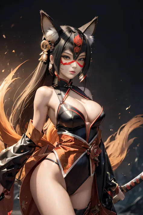 ((Best Quality, 8K, Masterpiece :1.3)),Katana Kitsune is a mysterious and agile female hero who hides her identity behind a fox-themed mask. Her outfits blend elements of tradition and modernity, Sleek Features, A black bodysuit with red accents reminiscen...