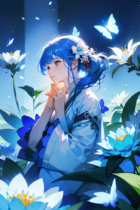 A girl in Hanfu sits among the flowers，Keep your hands together，DOA，Flower butterflies fly，blue colors，a sense of atmosphere，gentleness