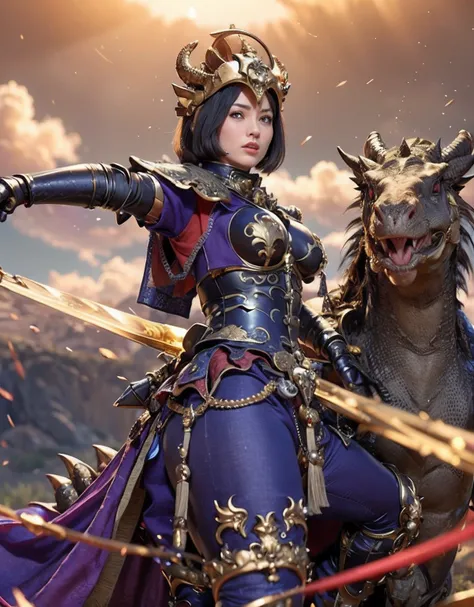 Professional , ​masterpiece、top-quality、photos realistic , depth of fields 、（Dragon Blue Metal Body:1.９),(Enamel purple、（cleavage of the breast）、Mystical expression、Dragon Gold Weapon、（Red Micro Bikini Armor:1.４),Gorgeous gold weapons ,Particles of light、（...