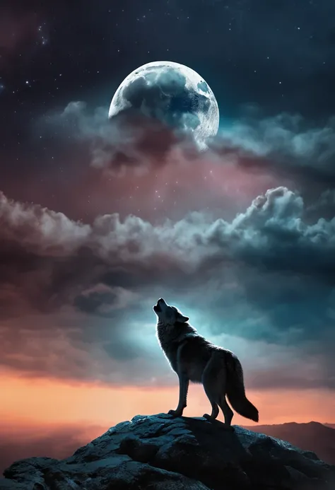 create the image of a wolf howling at the blue moon realistic photo