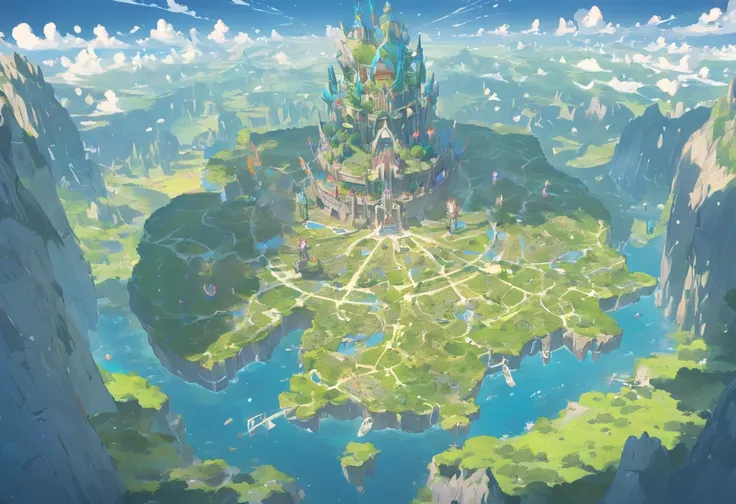 a group of flying islands, many floating islands, halo, game map, Hyrule, Ancient Fantasy Regional Map, Highly detailed map,Detailed Map, Height Map，world map、Isekai Map、Map of the Kingdom、Otherworldly Adventure K HD、meticulous、view from above, Spread up，p...