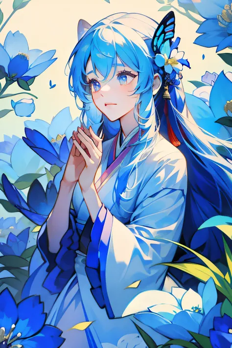 The girl in Hanfu sits among the flowers，Keep your hands together，DOA，Flower butterflies fly，blue colors，a sense of atmosphere，gentleness