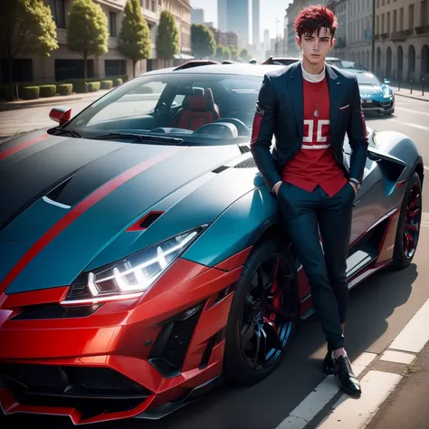 Red and blue lamborguini car,five star hotel in background,part of swiming pool in right to the car with a young man with short spiky hair