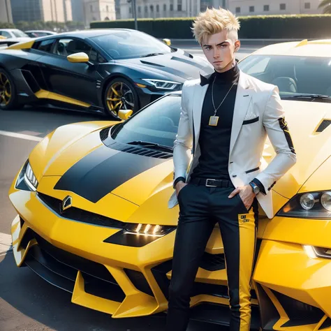 Yellow lamborguini car,five star hotel in background,part of swiming pool in right to the car with a young man with short spiky hair