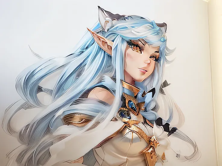 drawing of a woman with long hair and a sword in her hand, she has elf ears and gold eyes, character drawing, anime in fantasy style, holo is a wolf girl, character design sketch, senna from league of legends, samira from league of legends, elven character...