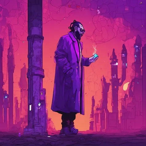 Pixel alchemist hue_The man in purple held the potion smoke_Deep purple beautiful modern fashion icon unique coat glasses，There are elements of eggplant