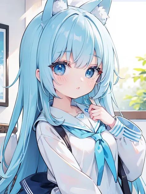 Extremely detailed CG unified 8K wallpaper, very fine 8KCG wallpaper, absurderes，Lori ，Best quality ，ultra - detailed ，Beautiful face  ，tmasterpiece、Head-to-waist display、A girl stands、top-quality(tmasterpiece), top-quality, 1girl in, lightblue hair、twosid...