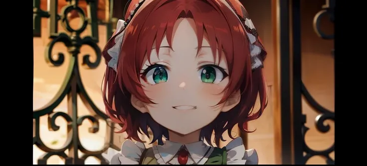 anime girl with red hair and green eyes in front of the gate, little girl, young anime girl, beautiful girl anime visuals, she has a cute expressive face, ( ( ( yoshinari yoh ) ) ), anime girl in maid costume, smile