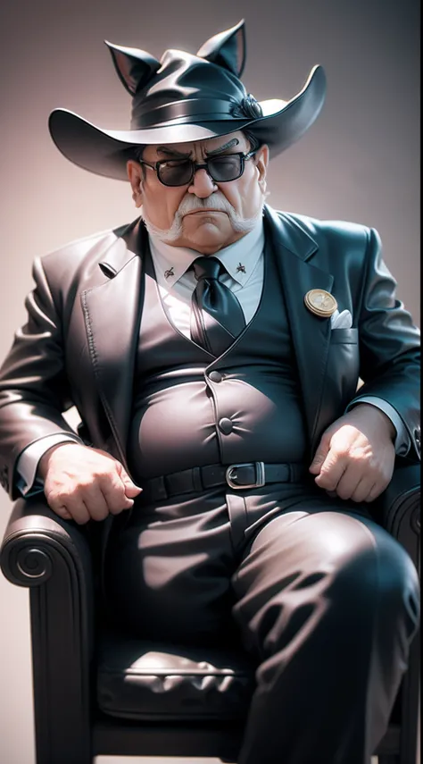 Old fat godfather mafia tomcat sitting in leather armchair, 3D video rendering, pixar character